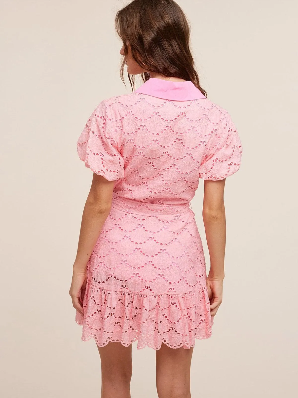 WOMEN'S SHORT PUFF SLEEVE BUTTON UP EYELET MINI DRESS