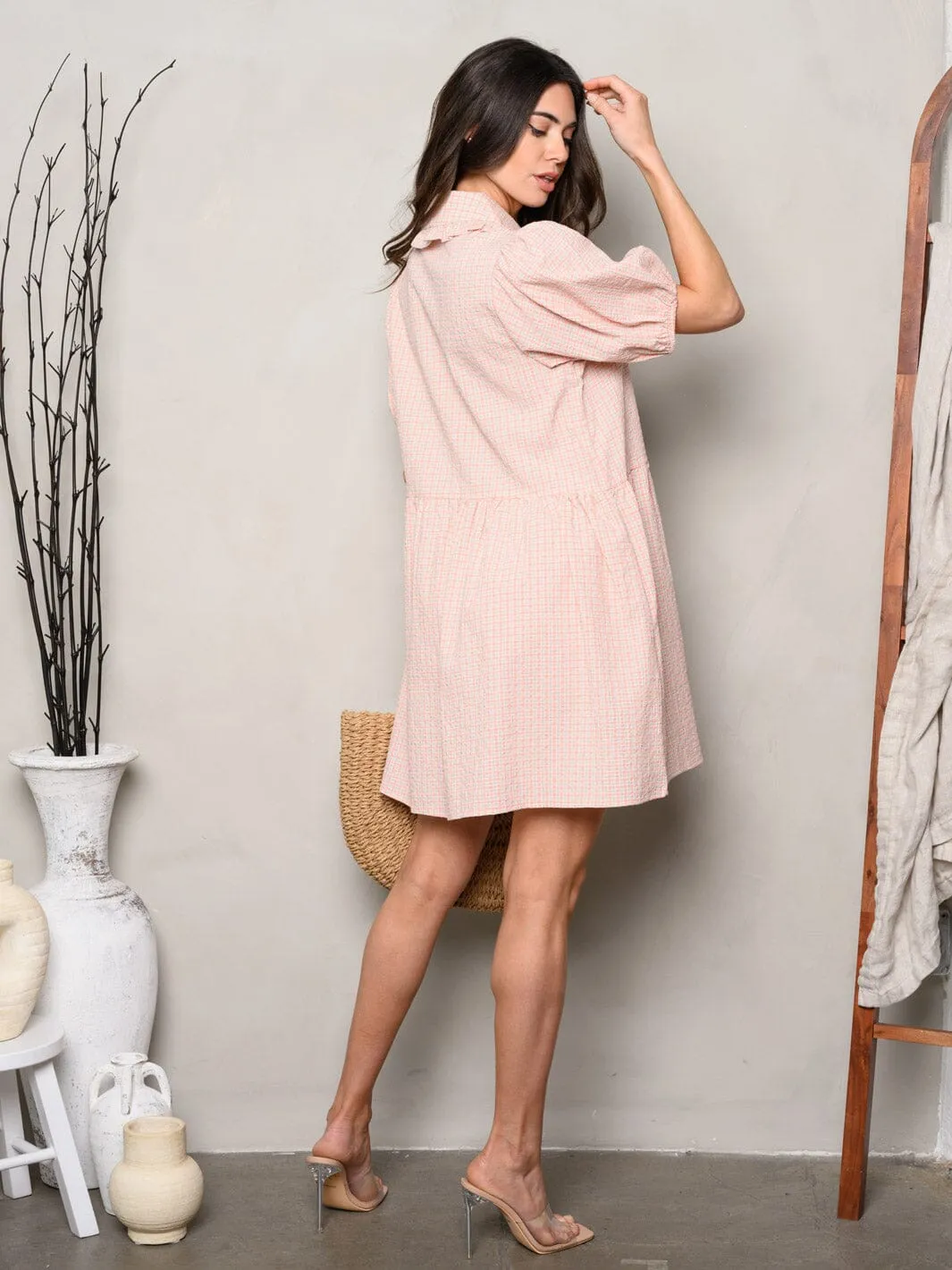 WOMEN'S SHORT PUFF SLEEVE BUTTON UP MINI DRESS