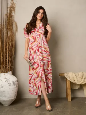WOMEN'S SHORT PUFF SLEEVE BUTTON UP POCKETS FLORAL MAXI DRESS