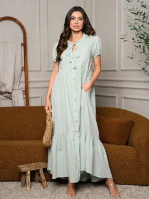 WOMEN'S SHORT PUFF SLEEVE FRONT TIE POCKETS MAXI DRESS
