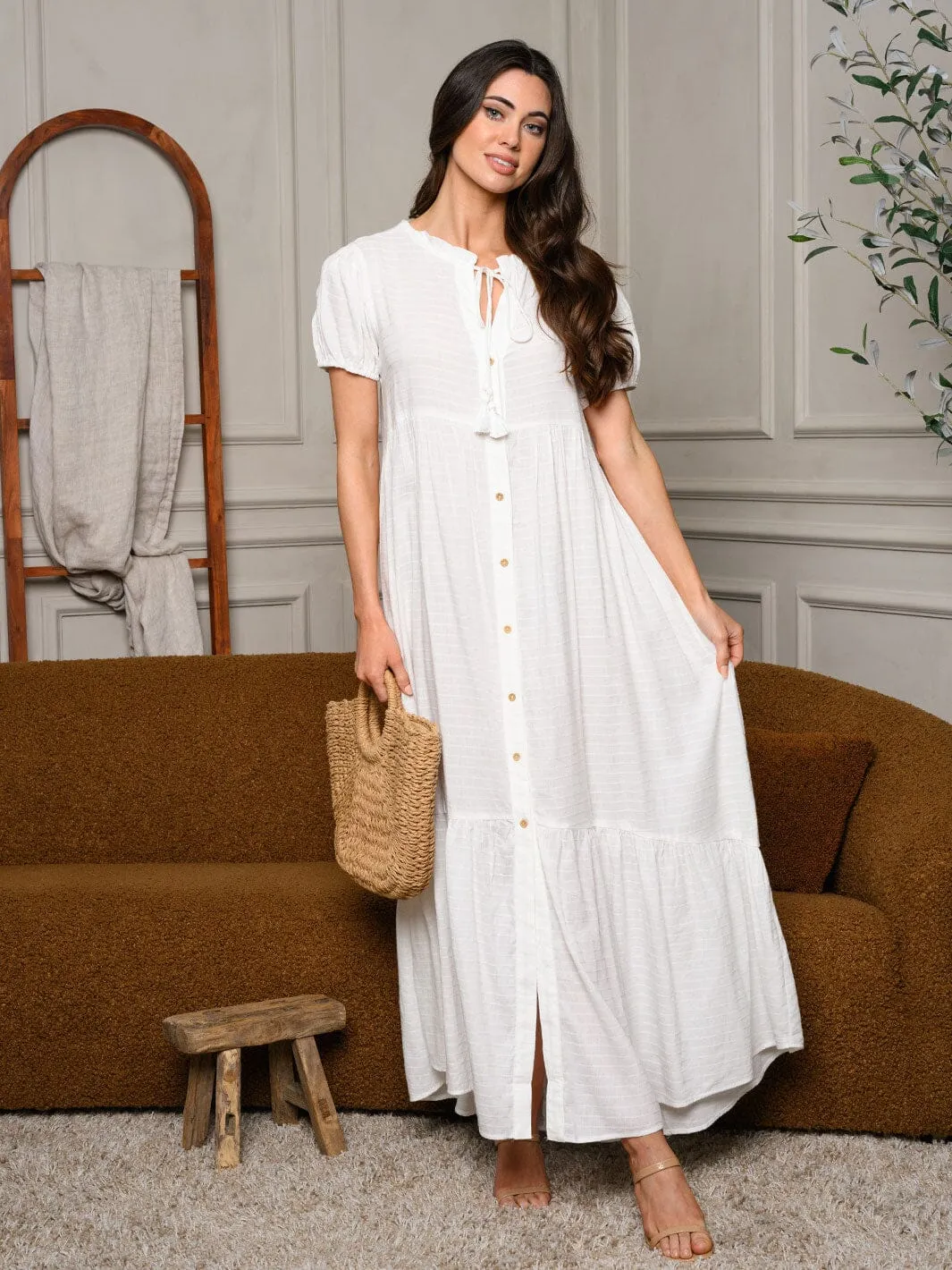 WOMEN'S SHORT PUFF SLEEVE FRONT TIE POCKETS MAXI DRESS