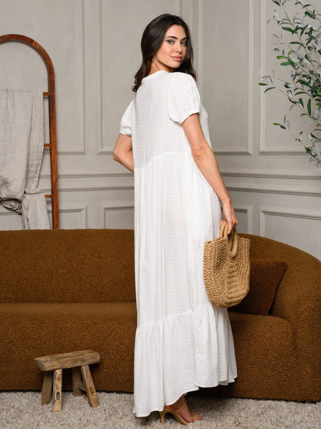 WOMEN'S SHORT PUFF SLEEVE FRONT TIE POCKETS MAXI DRESS