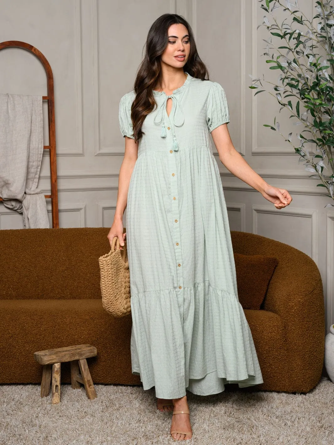 WOMEN'S SHORT PUFF SLEEVE FRONT TIE POCKETS MAXI DRESS
