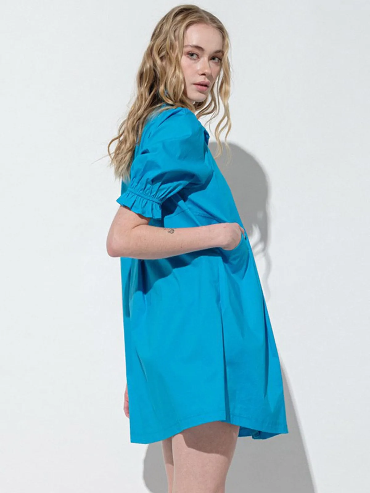 WOMEN'S SHORT PUFF SLEEVES BUTTON UP POCKETS MINI DRESS