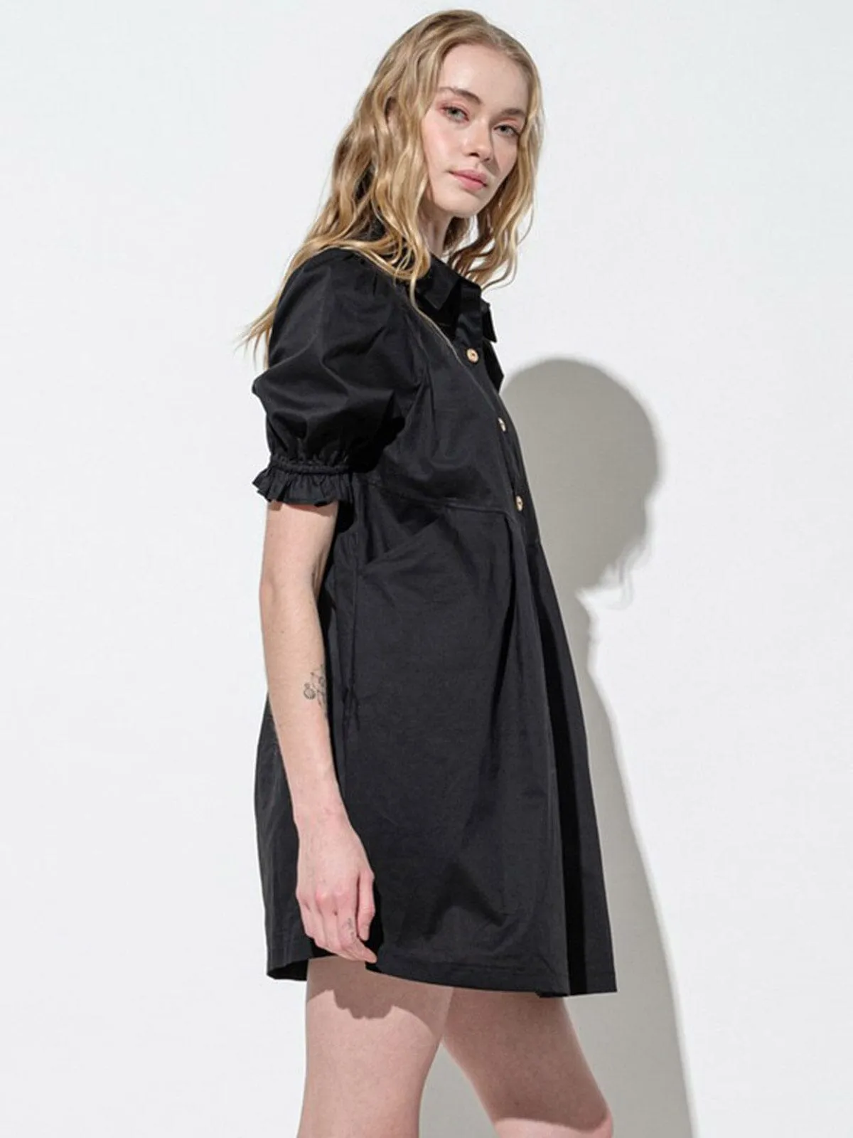 WOMEN'S SHORT PUFF SLEEVES BUTTON UP POCKETS MINI DRESS