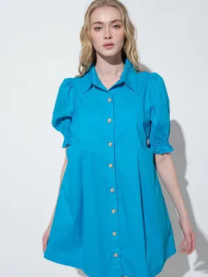 WOMEN'S SHORT PUFF SLEEVES BUTTON UP POCKETS MINI DRESS