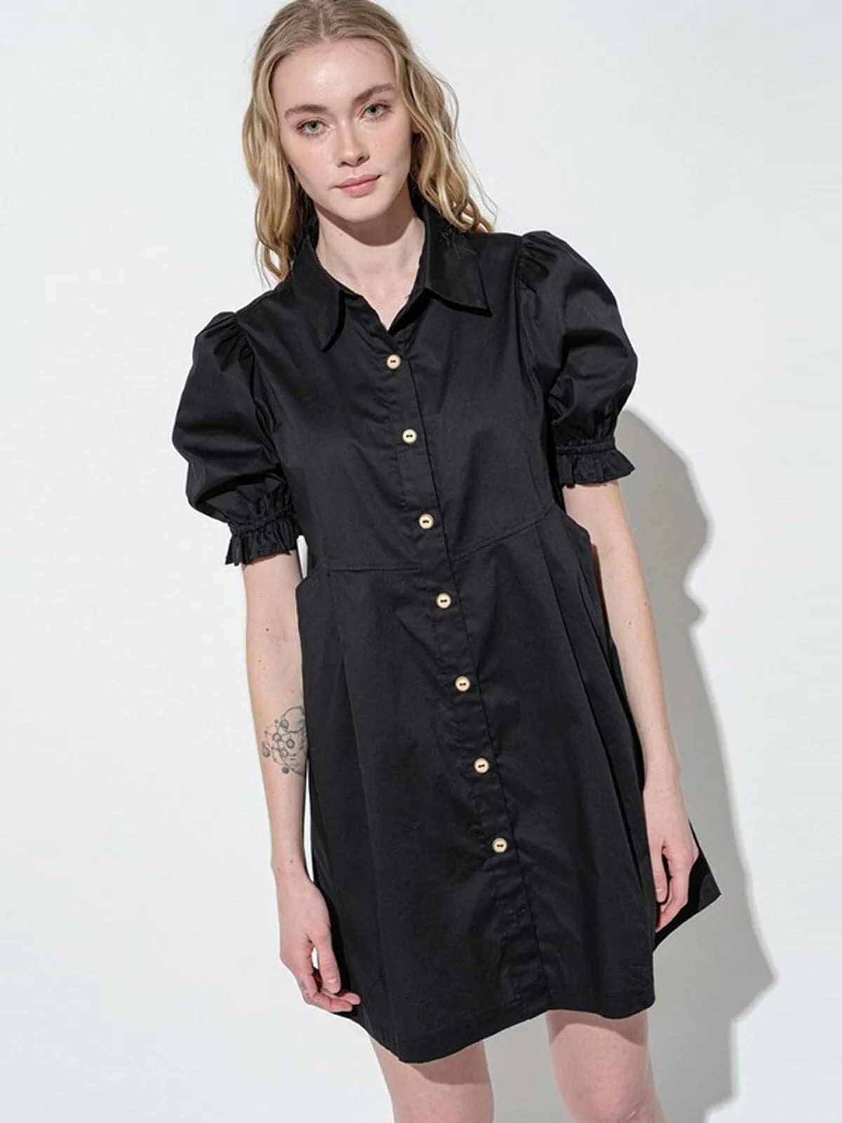 WOMEN'S SHORT PUFF SLEEVES BUTTON UP POCKETS MINI DRESS