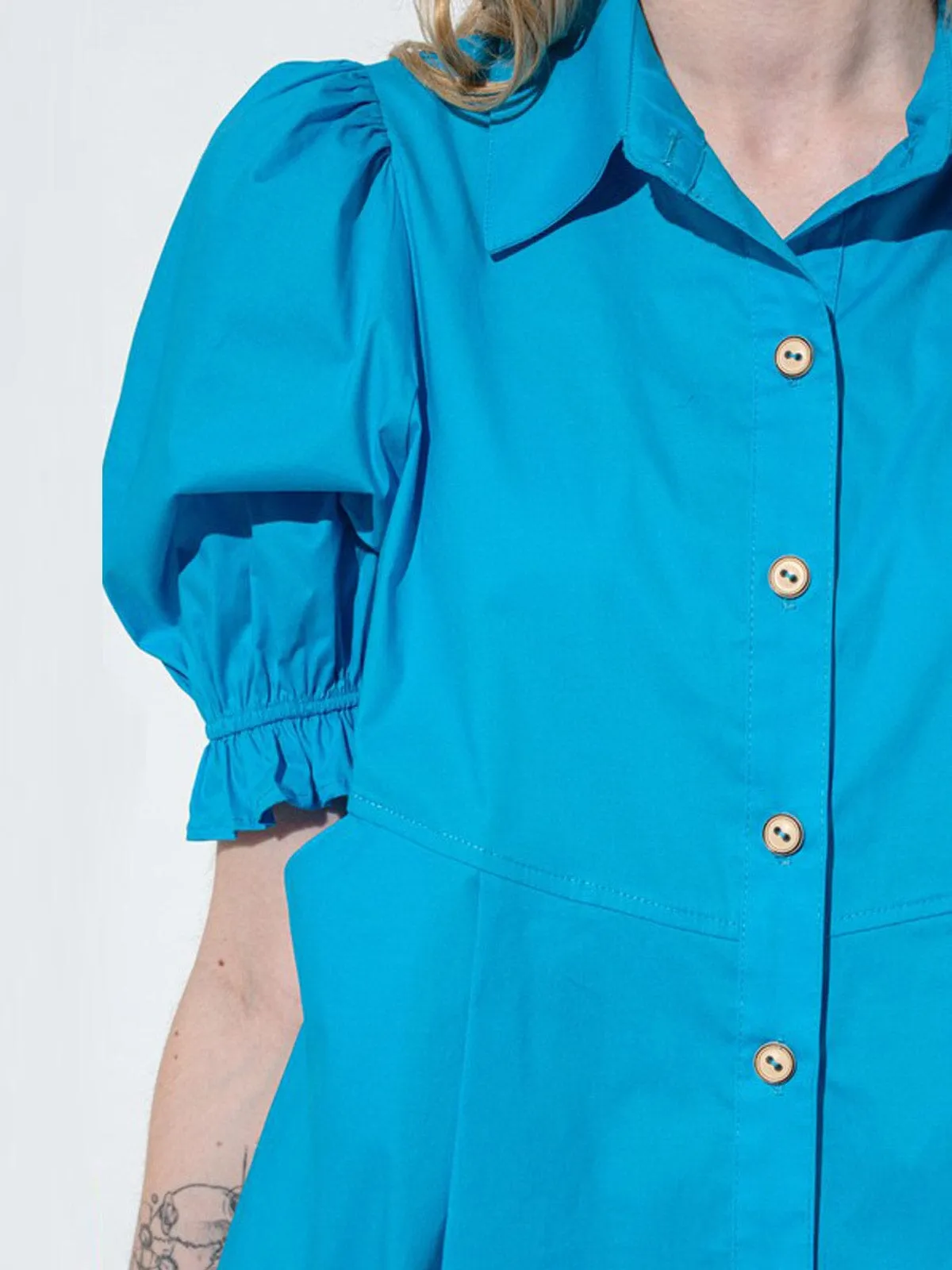 WOMEN'S SHORT PUFF SLEEVES BUTTON UP POCKETS MINI DRESS