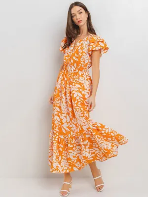 WOMEN'S SHORT SLEEVE BUTTON CLOSURE ELASTIC WAIST FLORAL PRINT MAXI DRESS