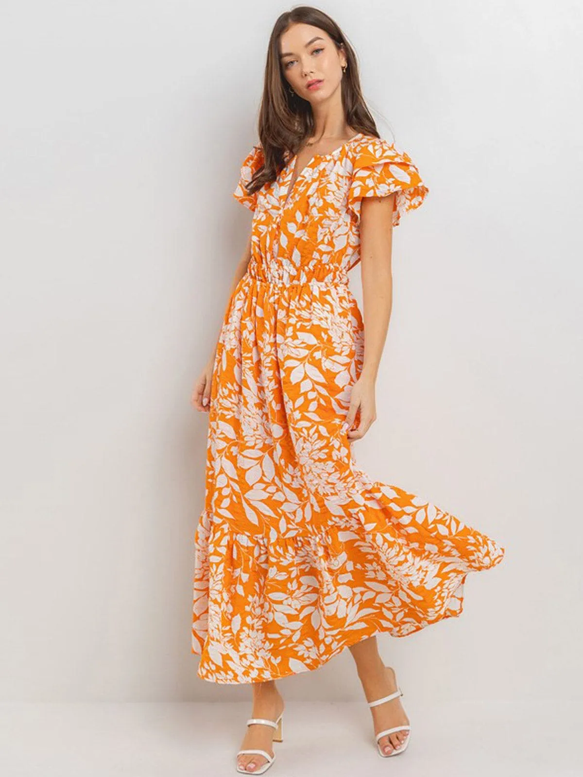 WOMEN'S SHORT SLEEVE BUTTON CLOSURE ELASTIC WAIST FLORAL PRINT MAXI DRESS