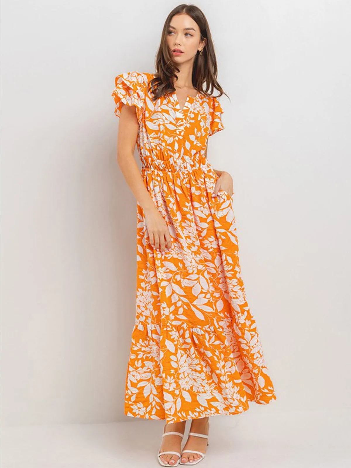 WOMEN'S SHORT SLEEVE BUTTON CLOSURE ELASTIC WAIST FLORAL PRINT MAXI DRESS