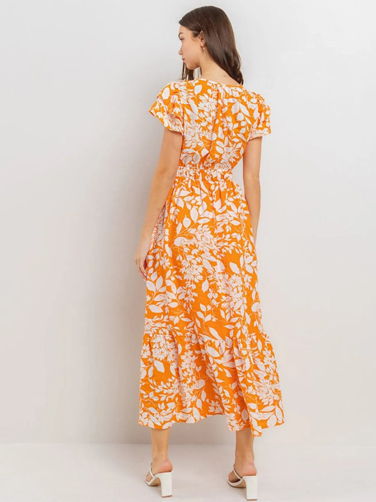 WOMEN'S SHORT SLEEVE BUTTON CLOSURE ELASTIC WAIST FLORAL PRINT MAXI DRESS