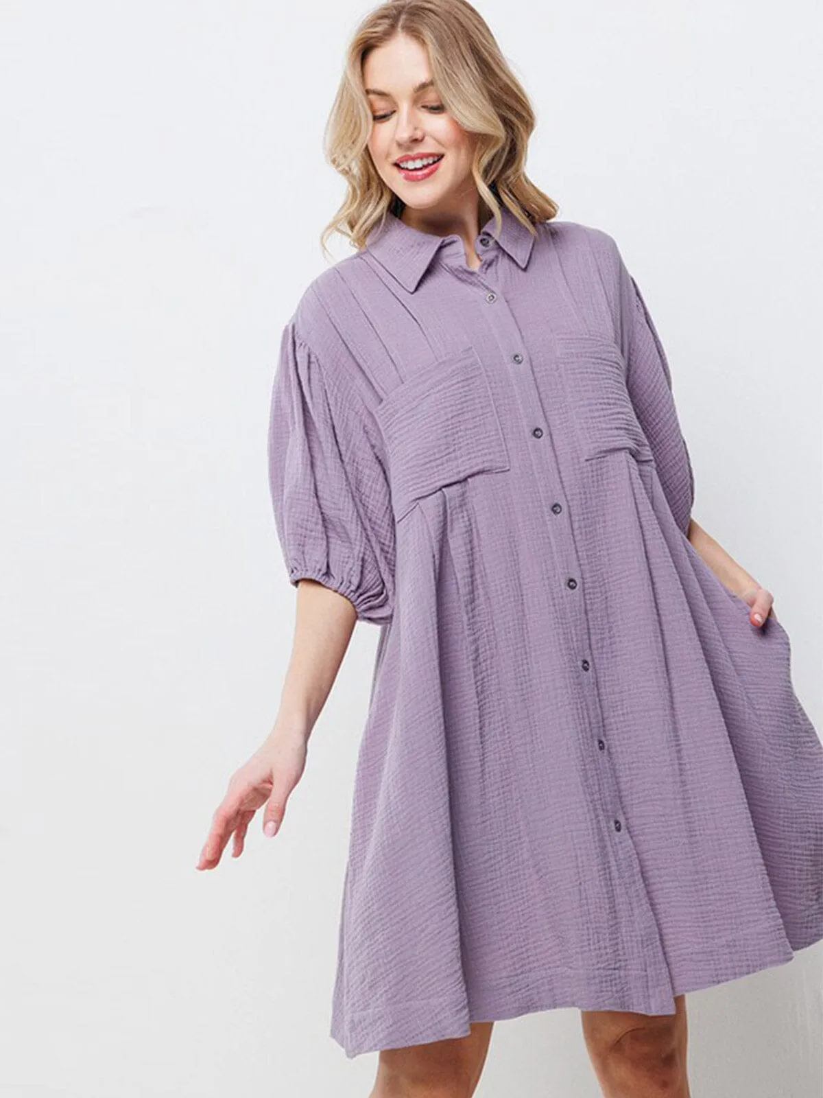 WOMEN'S SHORT SLEEVE BUTTON CLOSURE FRONT POCKETS TUNIC MINI DRESS
