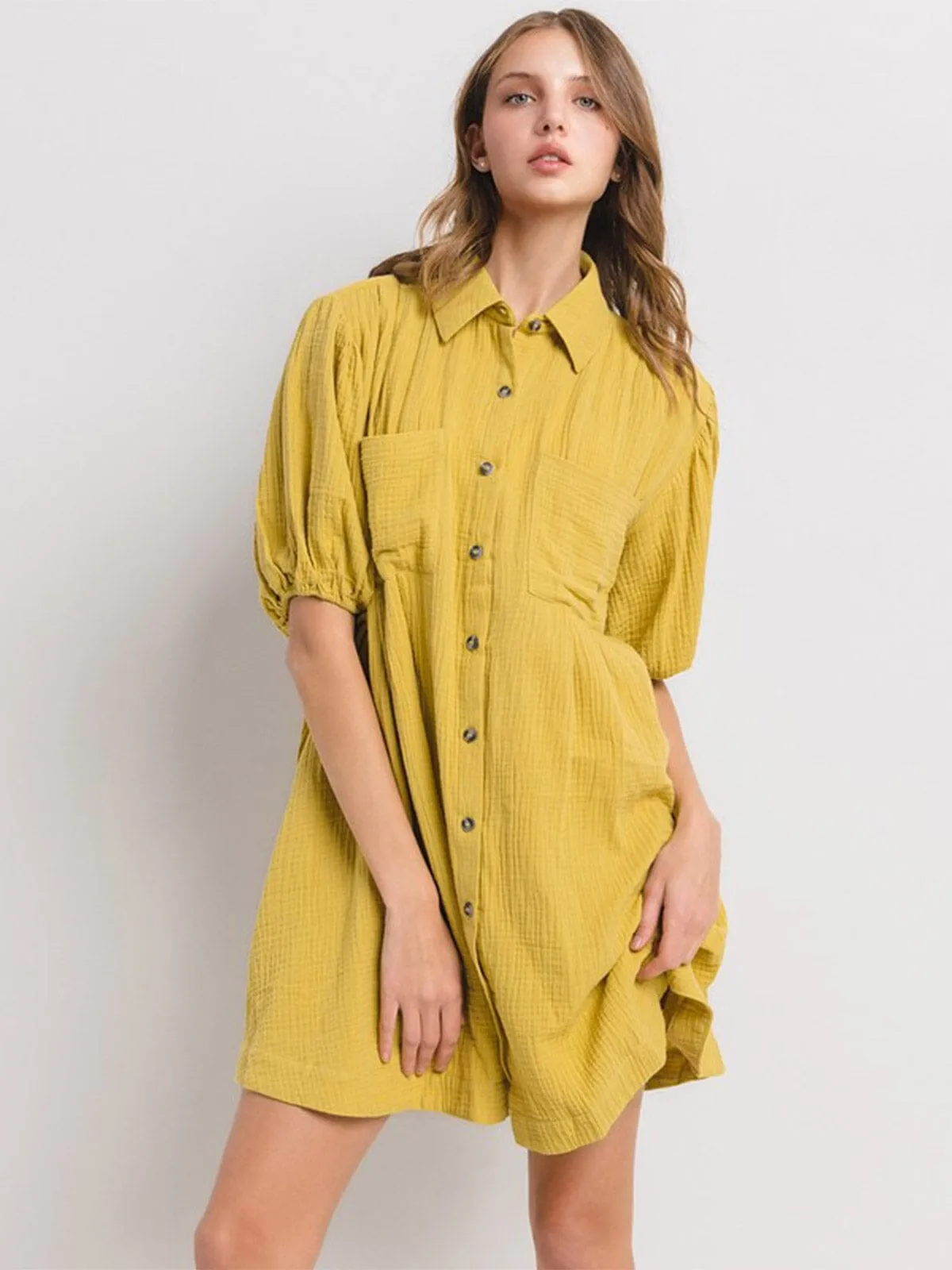 WOMEN'S SHORT SLEEVE BUTTON CLOSURE FRONT POCKETS TUNIC MINI DRESS