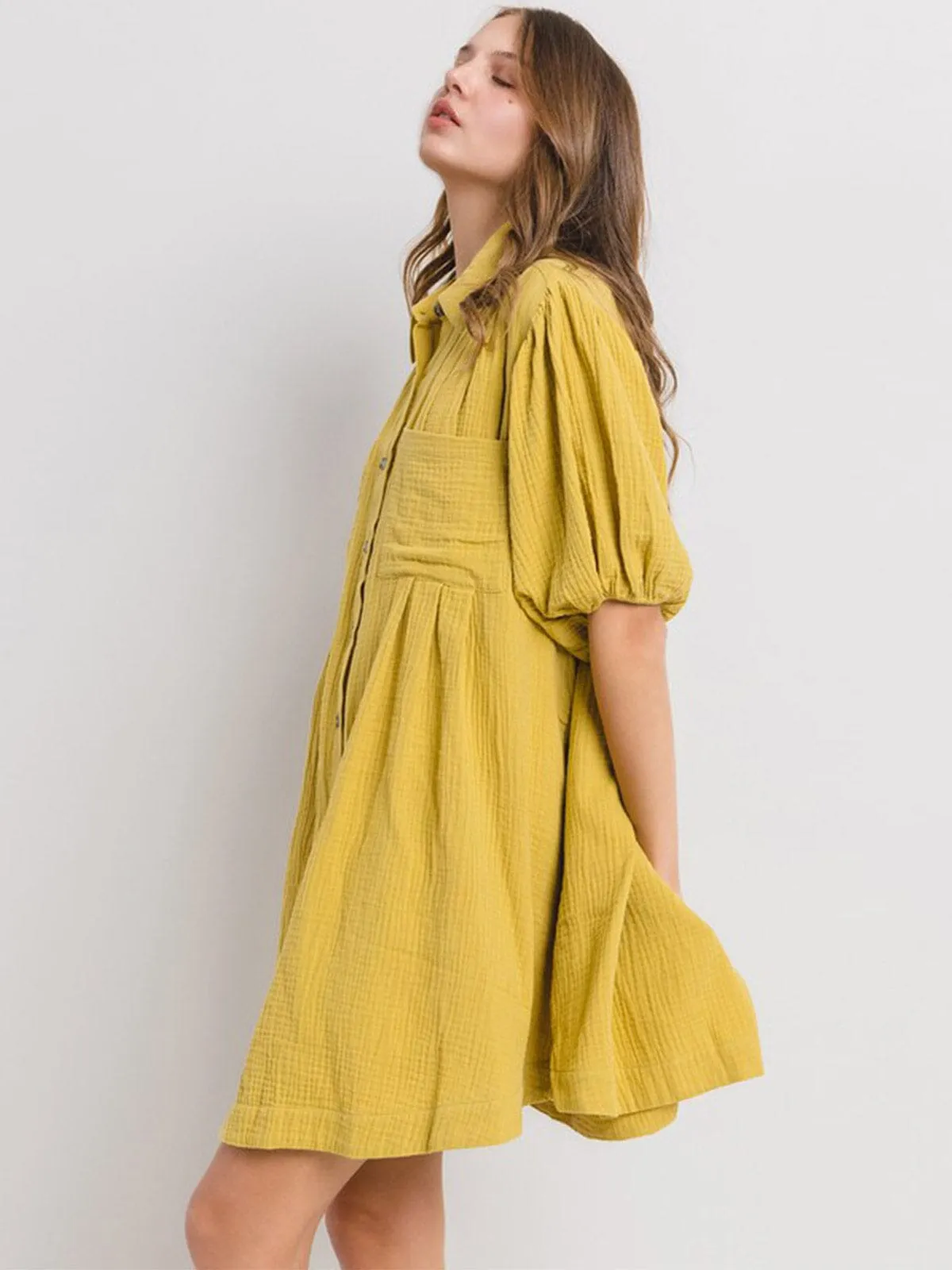 WOMEN'S SHORT SLEEVE BUTTON CLOSURE FRONT POCKETS TUNIC MINI DRESS