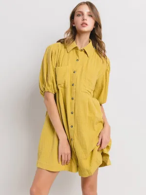 WOMEN'S SHORT SLEEVE BUTTON CLOSURE FRONT POCKETS TUNIC MINI DRESS