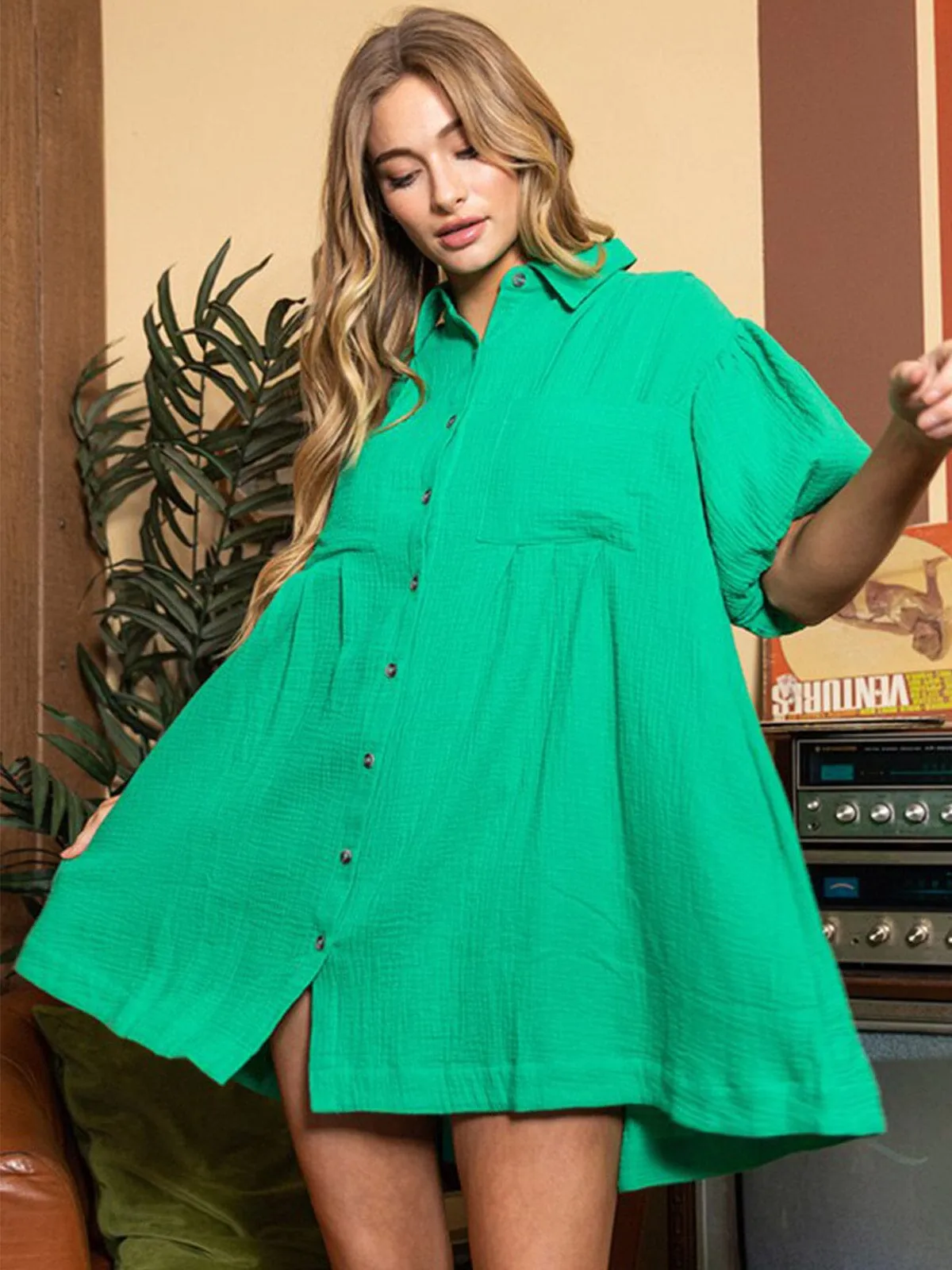 WOMEN'S SHORT SLEEVE BUTTON CLOSURE FRONT POCKETS TUNIC MINI DRESS