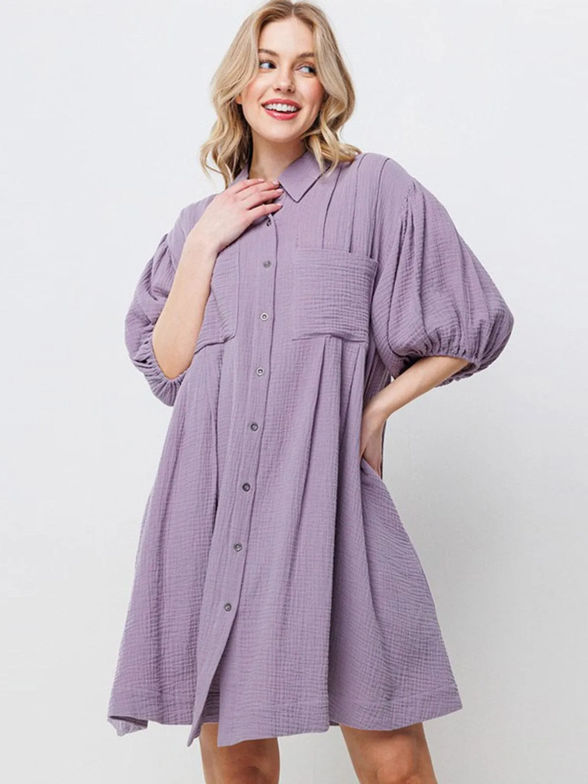 WOMEN'S SHORT SLEEVE BUTTON CLOSURE FRONT POCKETS TUNIC MINI DRESS