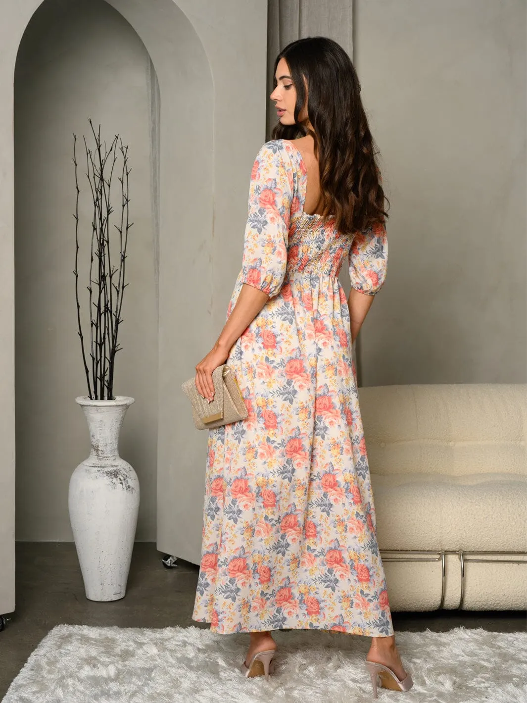 WOMEN'S SHORT SLEEVE BUTTON DOWN FLORAL PRINT MAXI DRESS