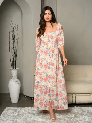 WOMEN'S SHORT SLEEVE BUTTON DOWN FLORAL PRINT MAXI DRESS