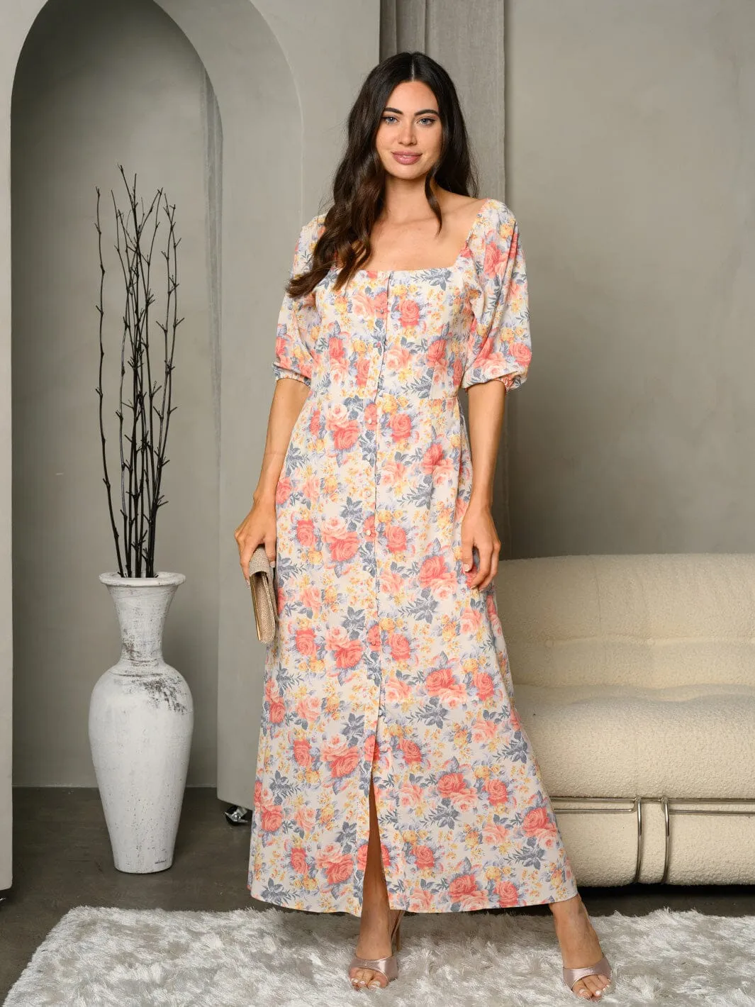 WOMEN'S SHORT SLEEVE BUTTON DOWN FLORAL PRINT MAXI DRESS