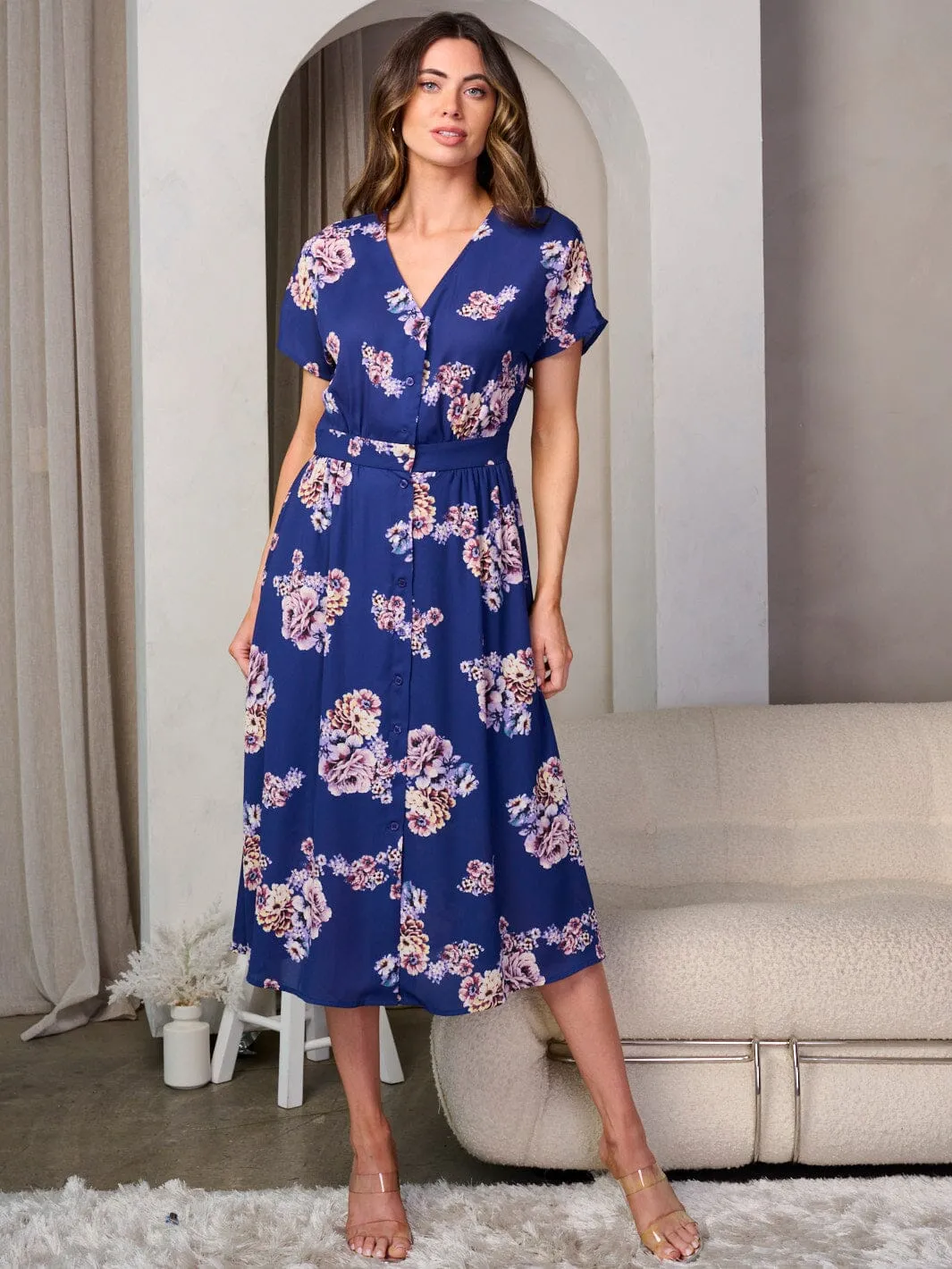 WOMEN'S SHORT SLEEVE BUTTON UP FLORAL MIDI DRESS