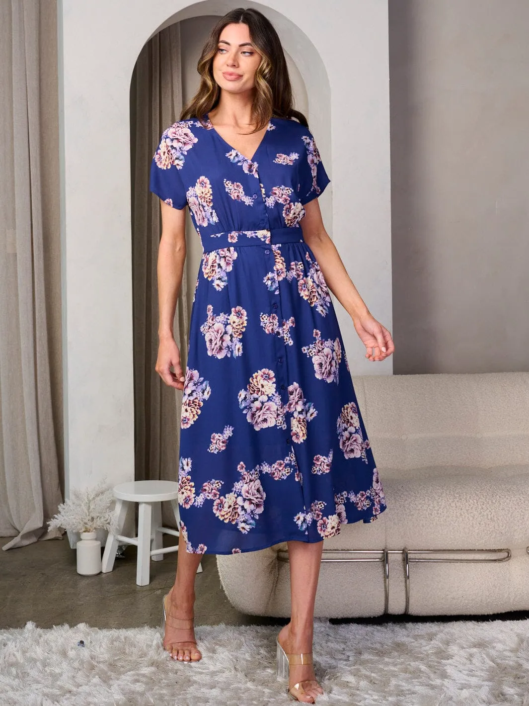 WOMEN'S SHORT SLEEVE BUTTON UP FLORAL MIDI DRESS