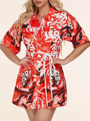 WOMEN'S SHORT SLEEVE BUTTON UP MULTI PRINT MINI DRESS