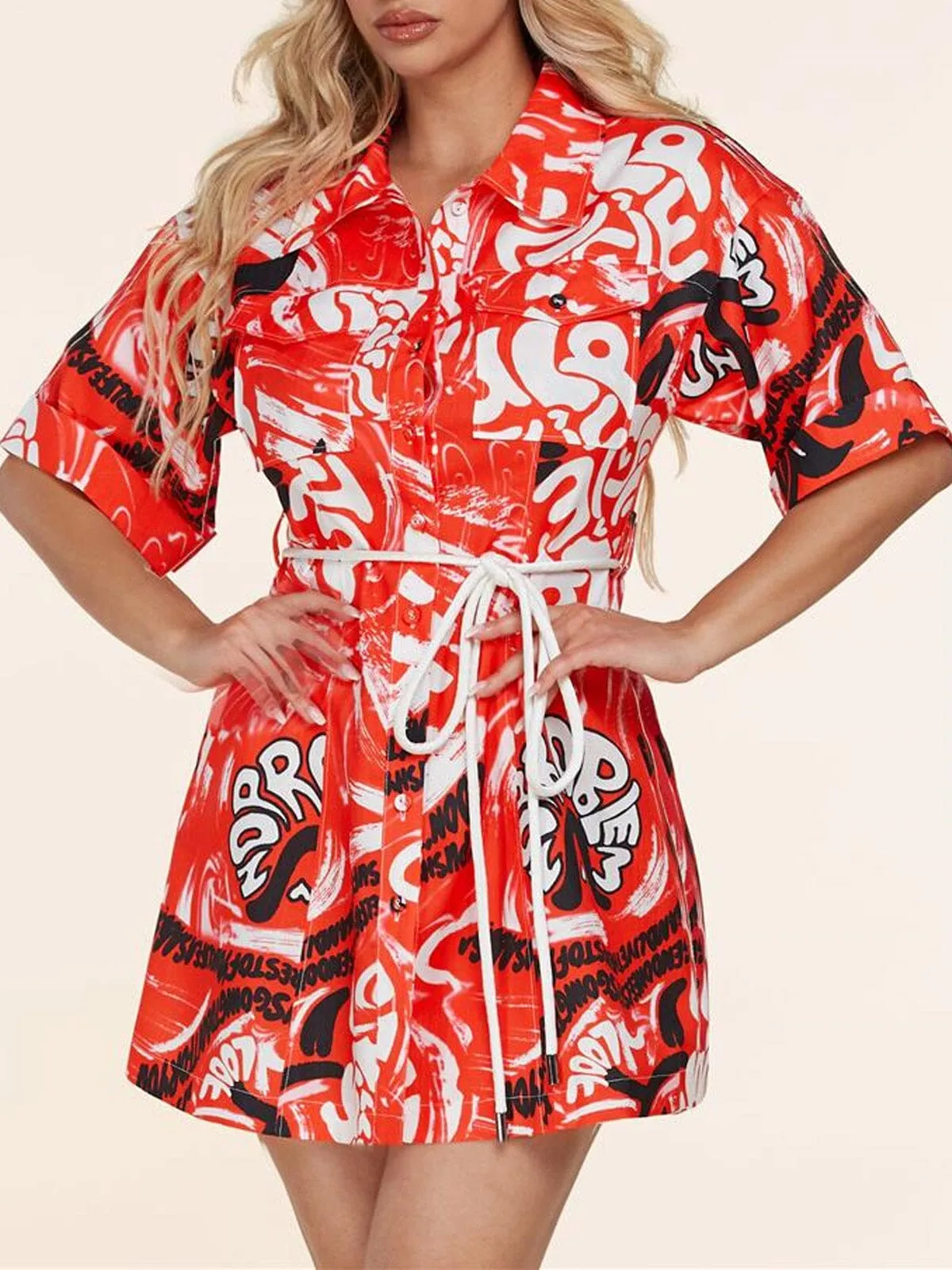 WOMEN'S SHORT SLEEVE BUTTON UP MULTI PRINT MINI DRESS