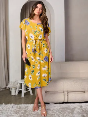 WOMEN'S SHORT SLEEVE BUTTON UP SELF TIE FLORAL MIDI DRESS