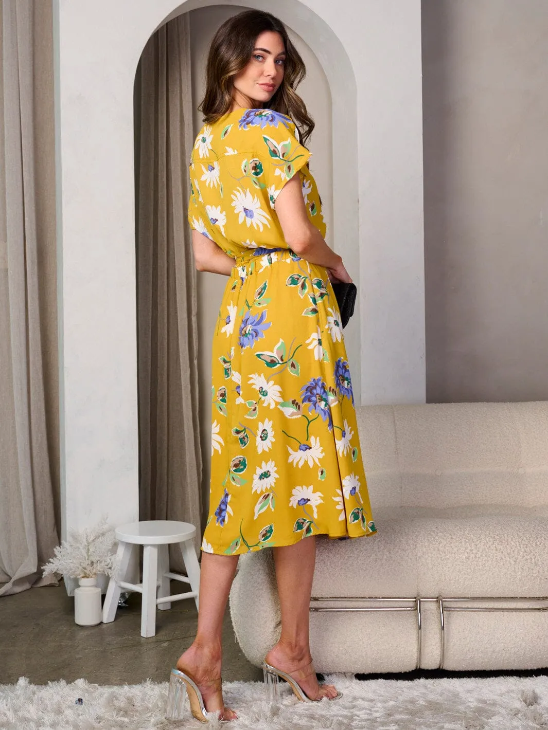 WOMEN'S SHORT SLEEVE BUTTON UP SELF TIE FLORAL MIDI DRESS