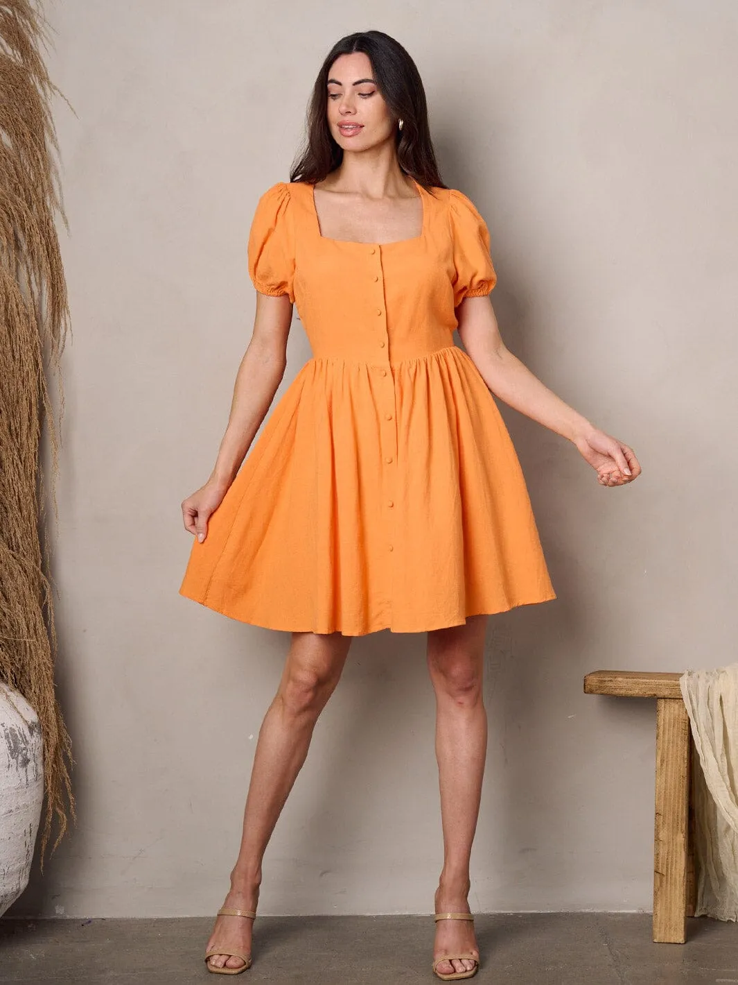 WOMEN'S SHORT SLEEVE BUTTON UP SQUARE NECK MINI DRESS
