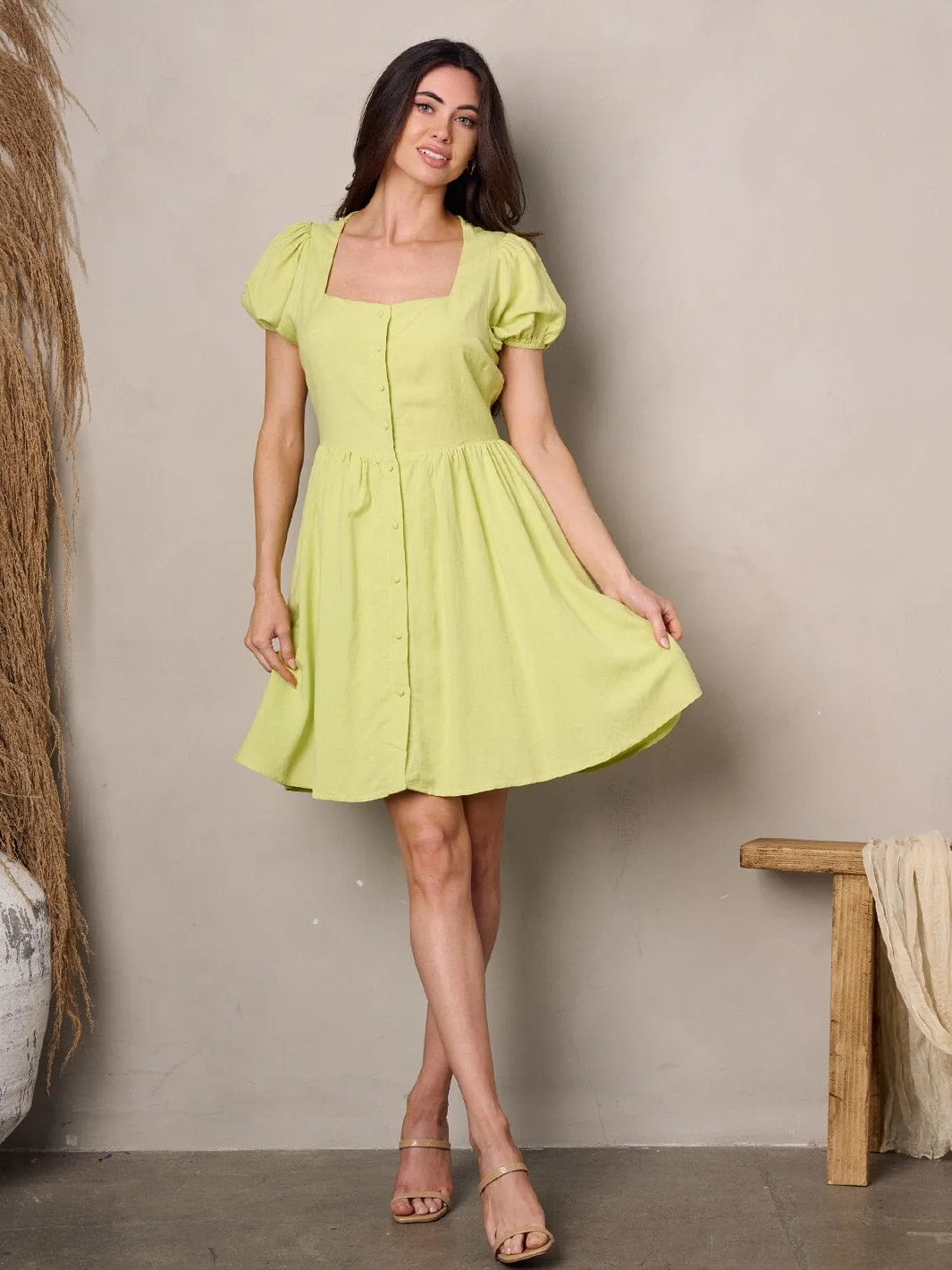 WOMEN'S SHORT SLEEVE BUTTON UP SQUARE NECK MINI DRESS