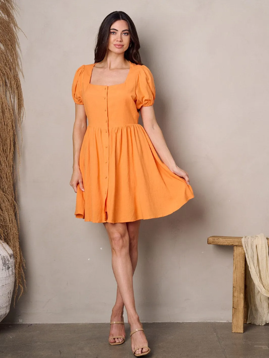 WOMEN'S SHORT SLEEVE BUTTON UP SQUARE NECK MINI DRESS