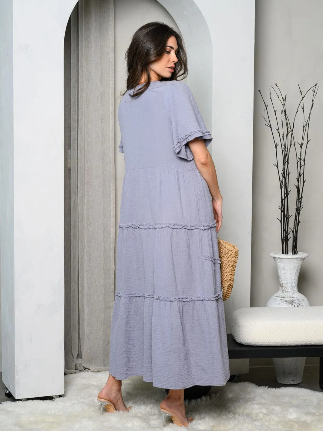 WOMEN'S SHORT SLEEVE BUTTON UP TIERED MAXI DRESS