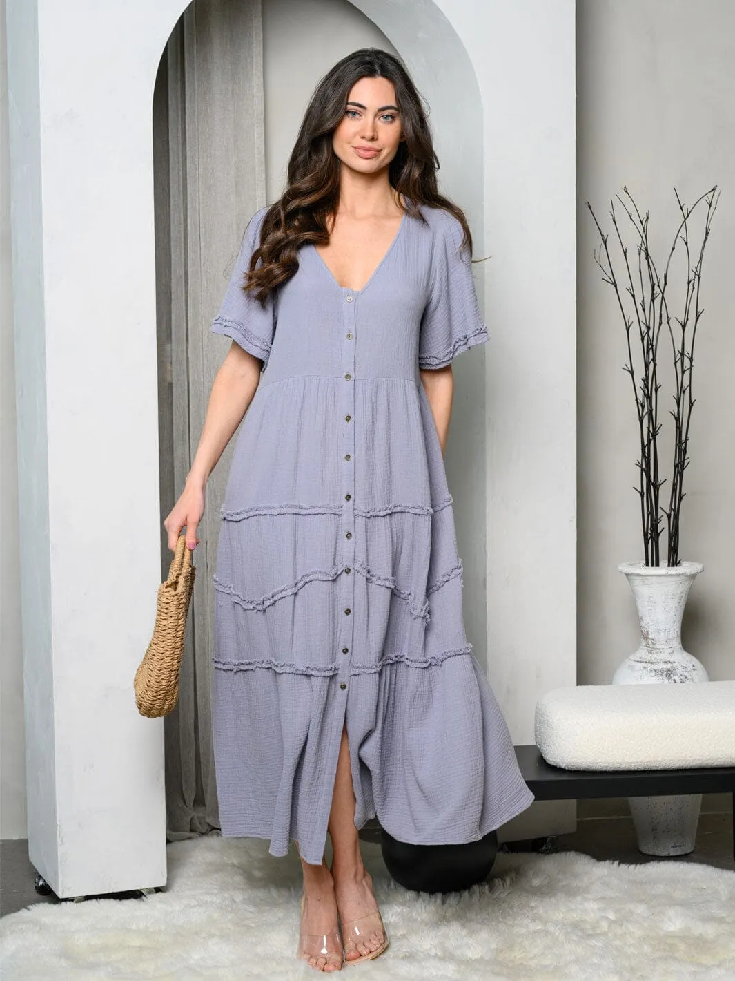 WOMEN'S SHORT SLEEVE BUTTON UP TIERED MAXI DRESS