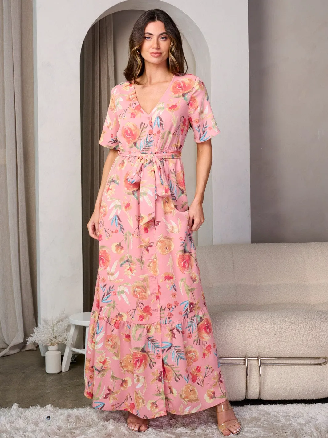 WOMEN'S SHORT SLEEVE BUTTON UP V-NECK FLORAL MAXI DRESS
