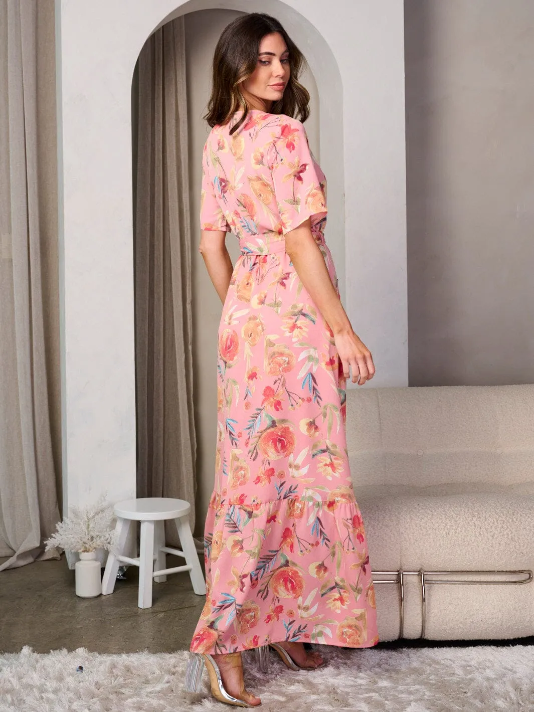 WOMEN'S SHORT SLEEVE BUTTON UP V-NECK FLORAL MAXI DRESS