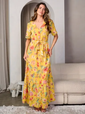 WOMEN'S SHORT SLEEVE BUTTON UP V-NECK FLORAL MAXI DRESS