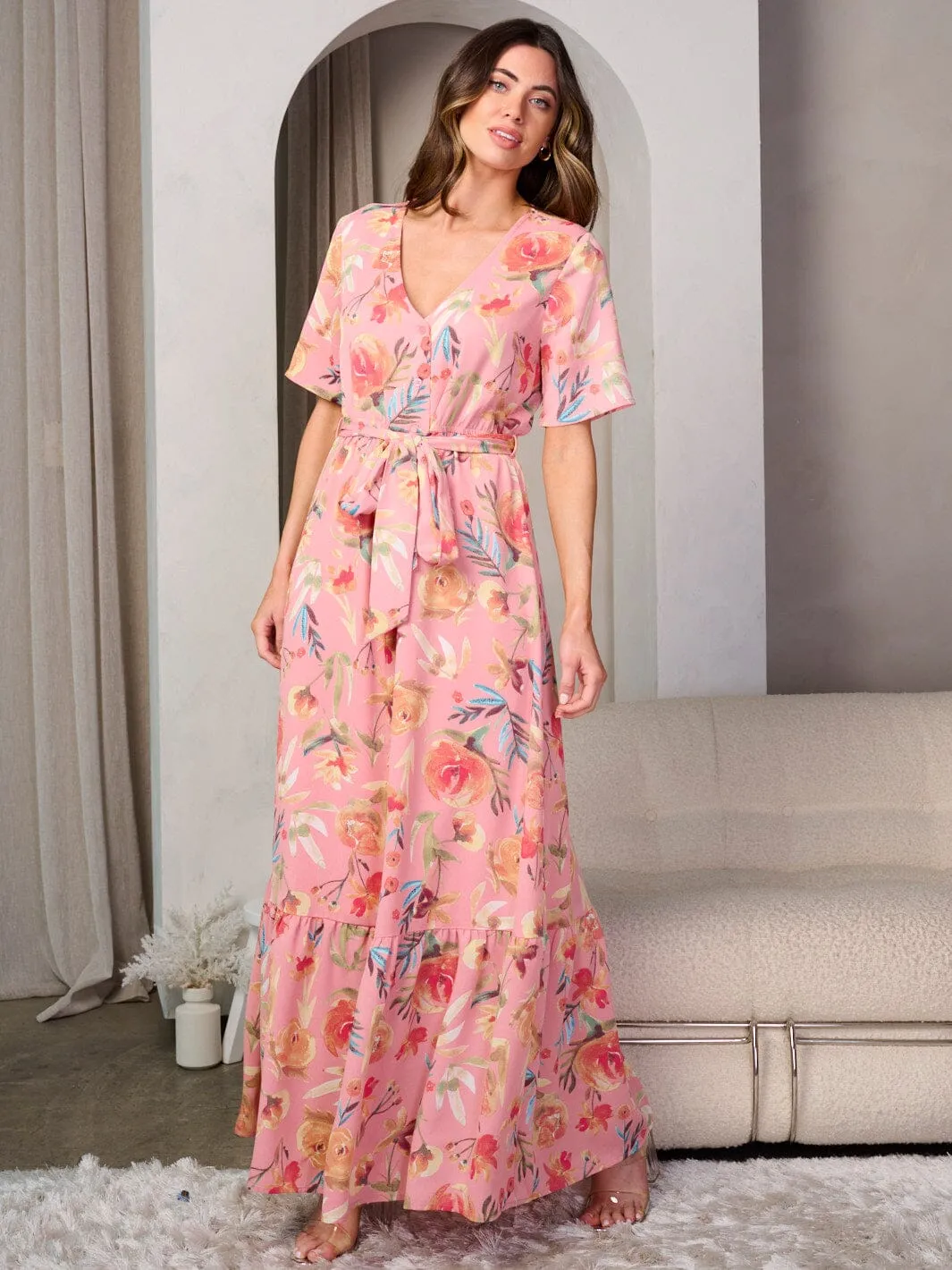 WOMEN'S SHORT SLEEVE BUTTON UP V-NECK FLORAL MAXI DRESS