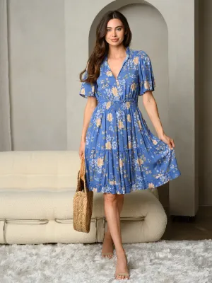 WOMEN'S SHORT SLEEVE FLORAL PRINT SMOCK WAIST MINI DRESS