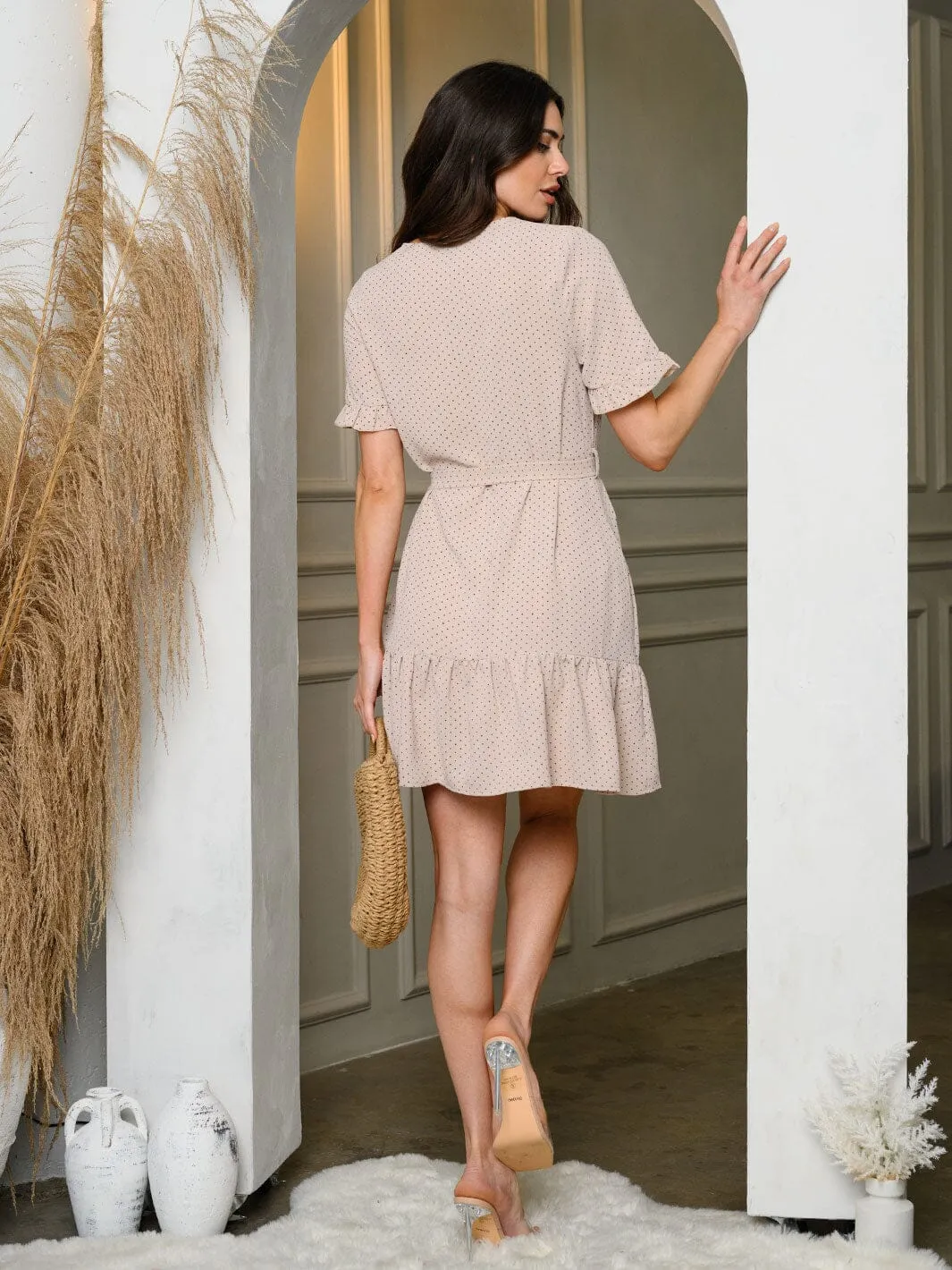 WOMEN'S SHORT SLEEVE RUFFLE BUTTON UP POCKETS MINI DRESS