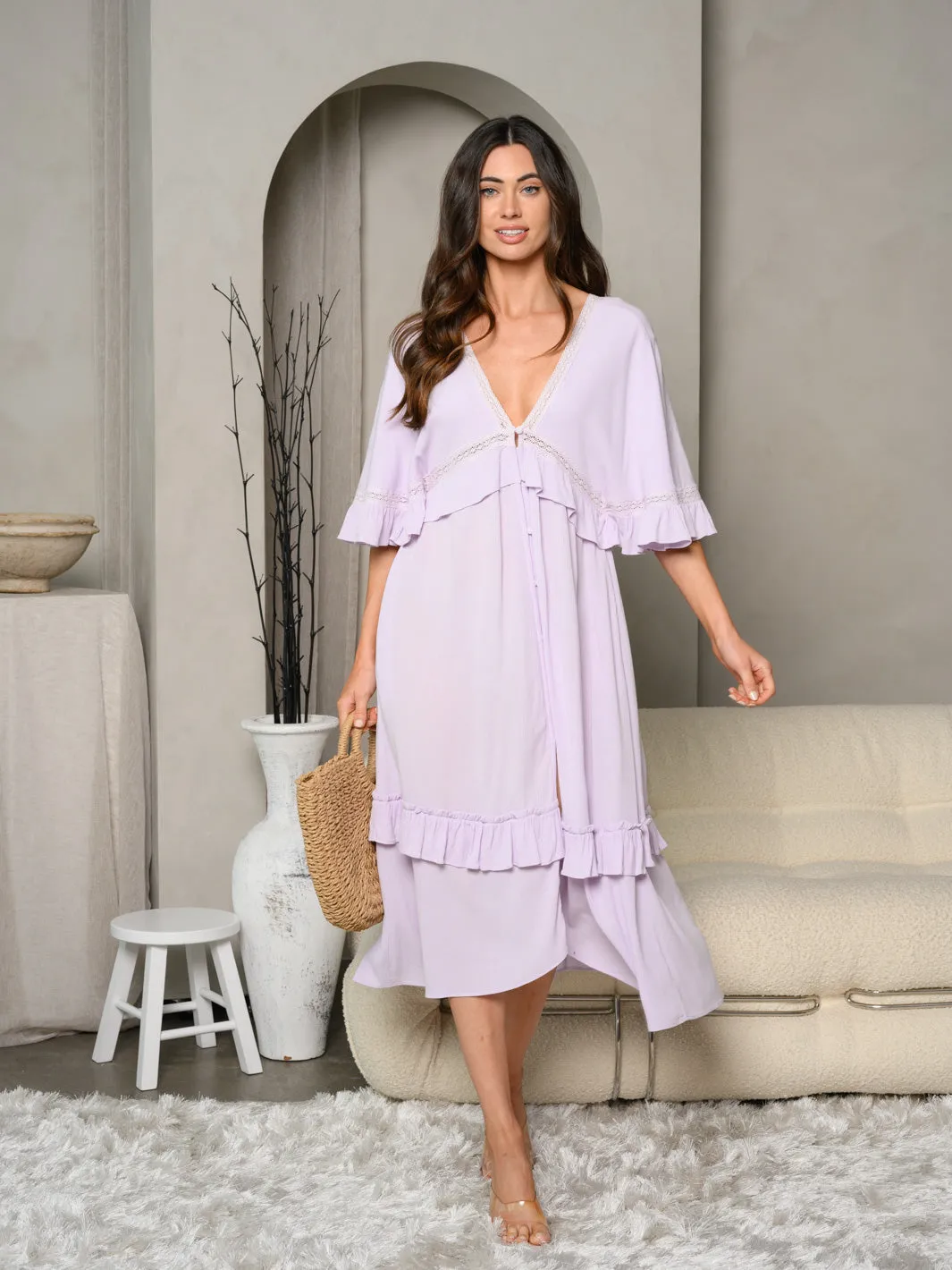 WOMEN'S SHORT SLEEVE V-NECK MIDI DRESS