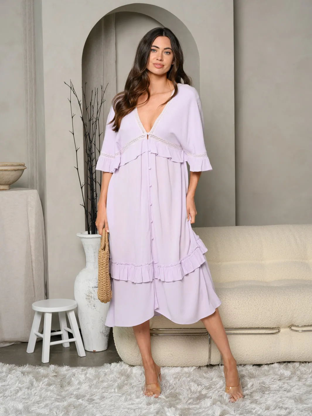 WOMEN'S SHORT SLEEVE V-NECK MIDI DRESS