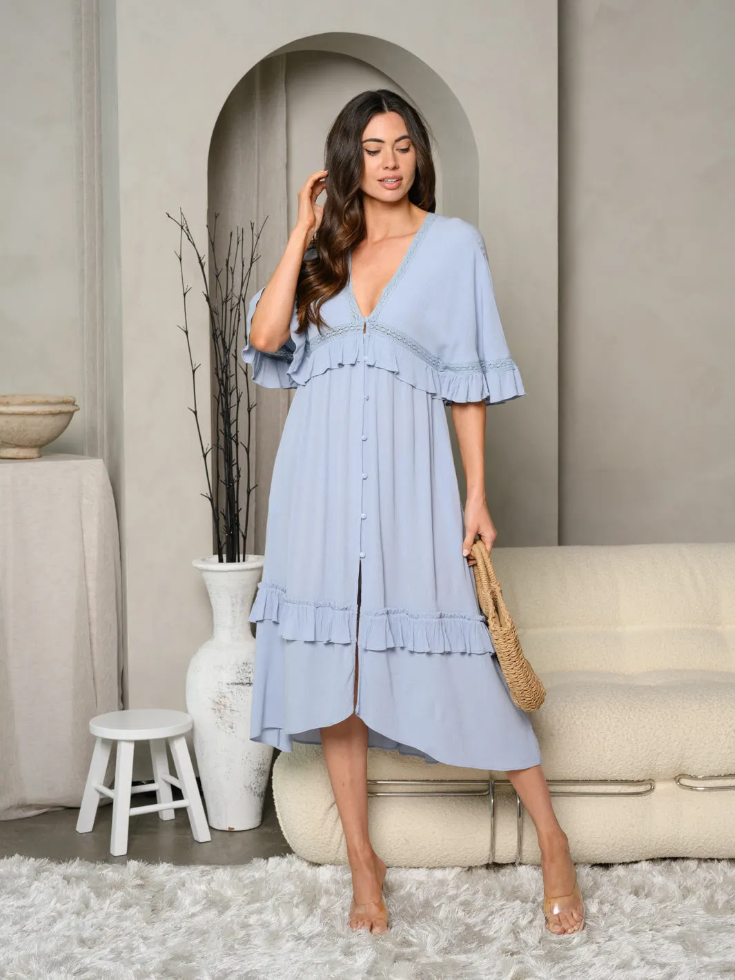 WOMEN'S SHORT SLEEVE V-NECK MIDI DRESS