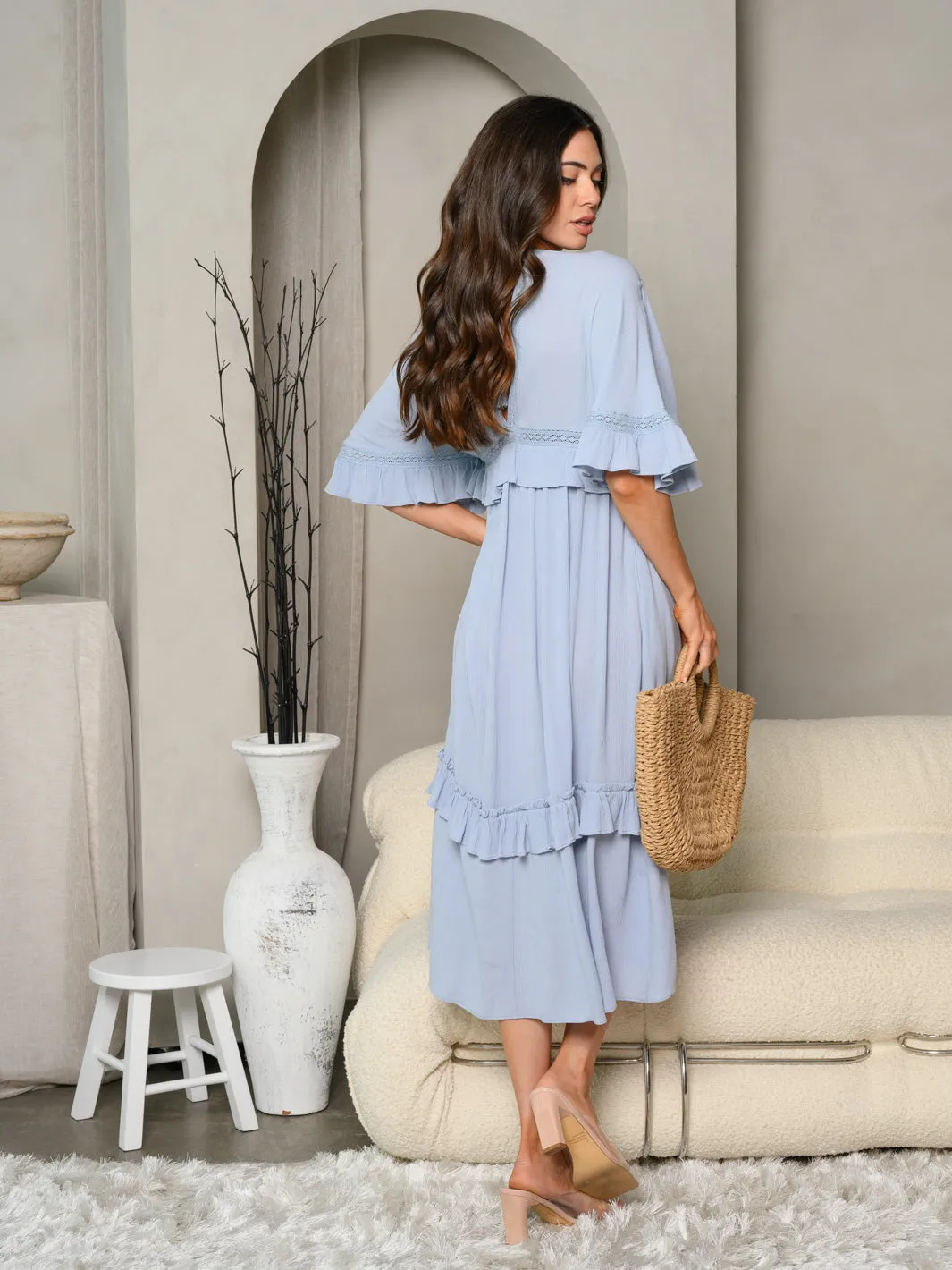 WOMEN'S SHORT SLEEVE V-NECK MIDI DRESS