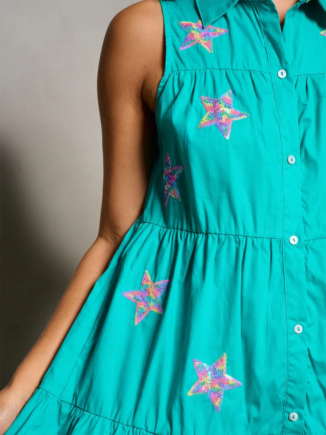 WOMEN'S SLEEVELESS BUTTON UP TIERED SEQUINS STARS MINI DRESS