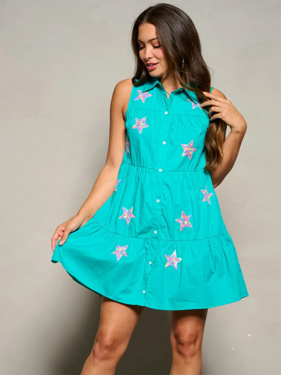 WOMEN'S SLEEVELESS BUTTON UP TIERED SEQUINS STARS MINI DRESS