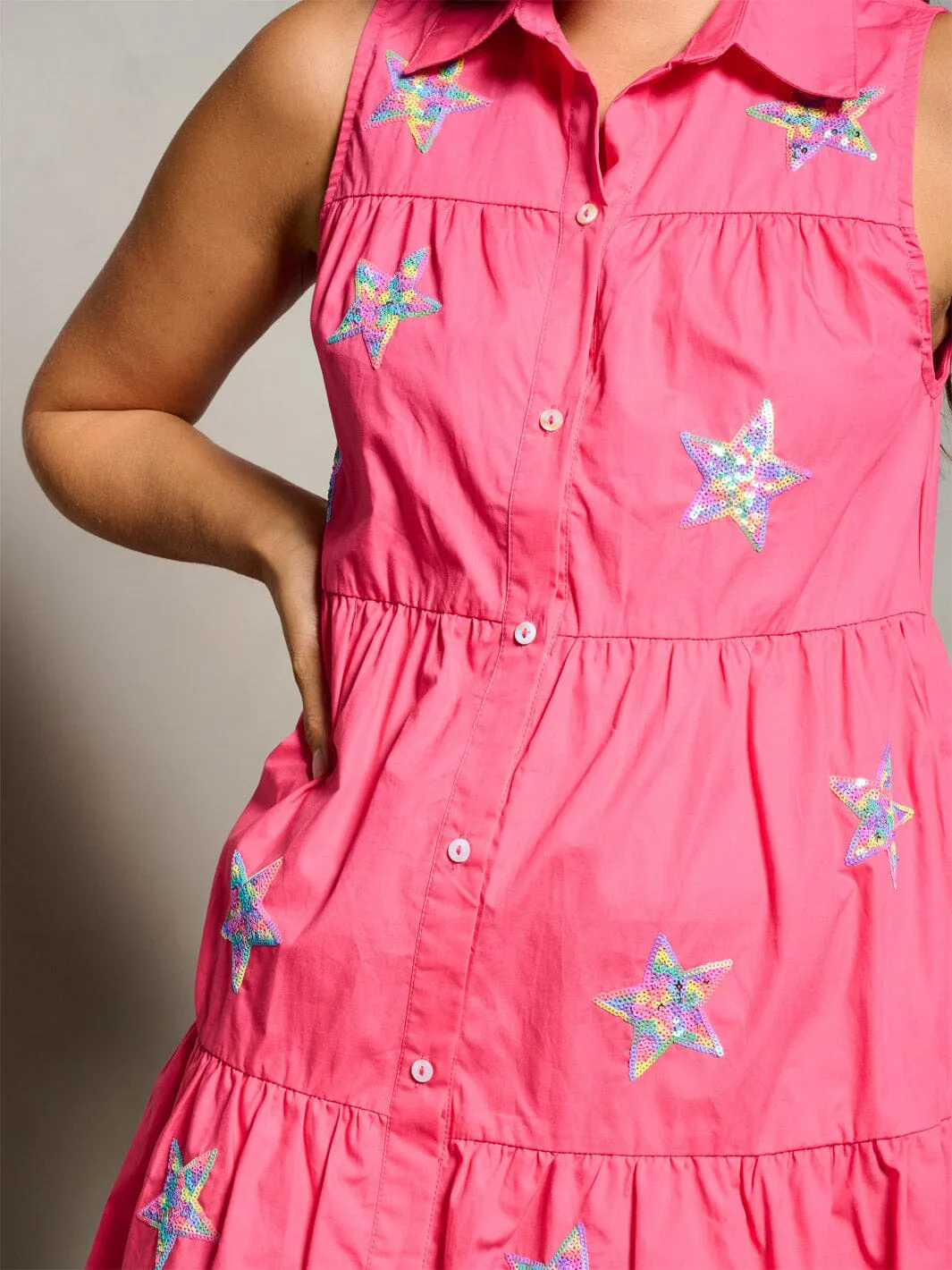 WOMEN'S SLEEVELESS BUTTON UP TIERED SEQUINS STARS MINI DRESS
