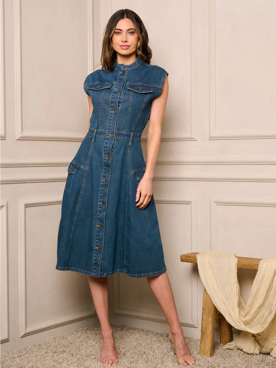 WOMEN'S SLEEVELESS POCKETS BUTTON CLOSURE DENIM MIDI DRESS
